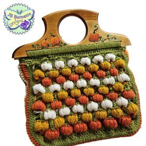 Handmade Crochet 3D Pumpkin Satchel Handbag, Hand-painted Wood Handle Purse